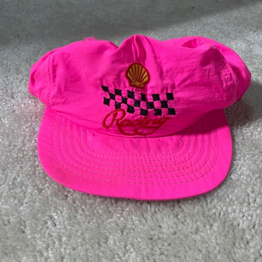 VTG Shell Racing Hat Neon Pink Nylon Snapback Made USA 90s Retro Cap Trucker